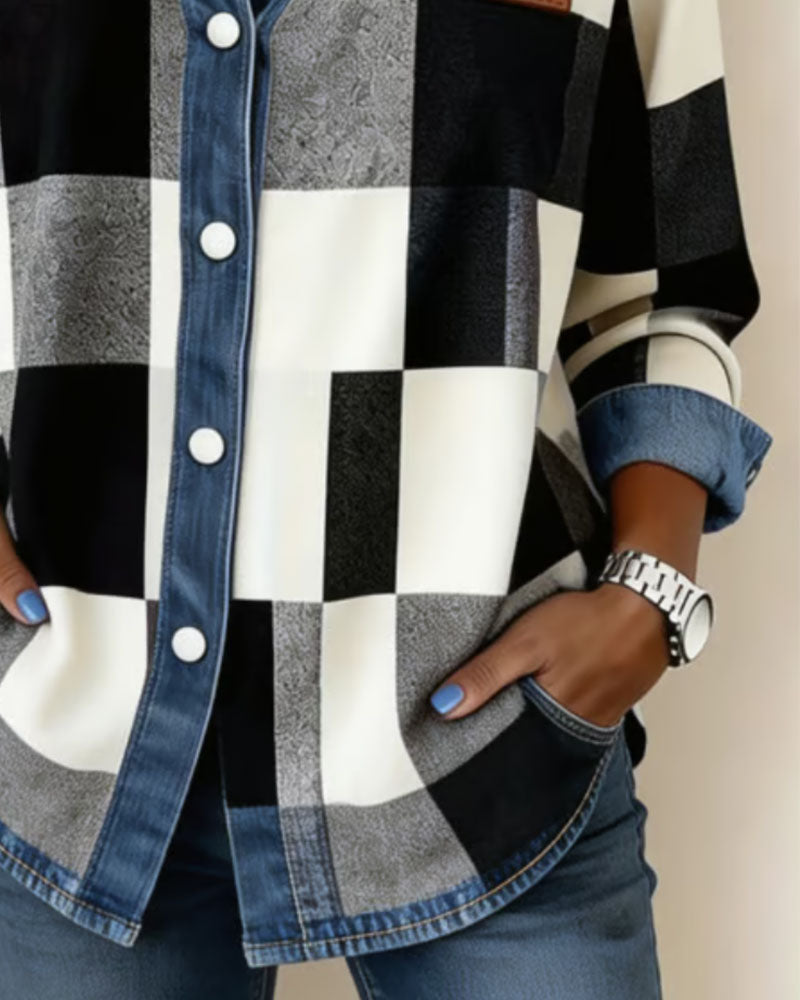 Skjorte Rutete Fargeblokk Denim Patchwork