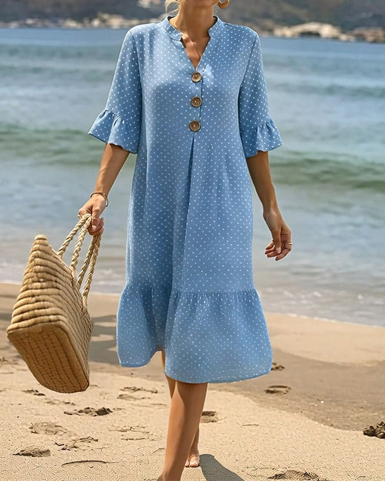 Kjole Polka Dot V-Hals Rynket Erme
