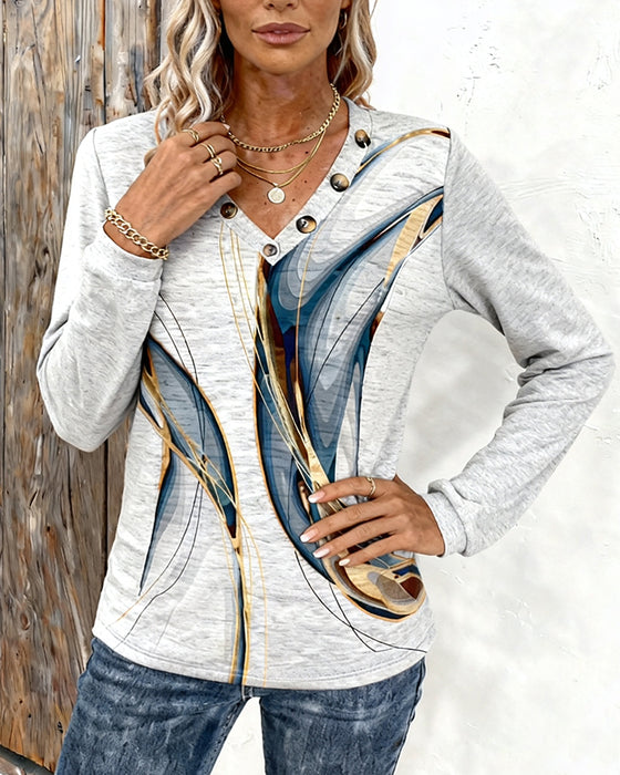 Trykt Casual Topp Med V-Hals Og Lange Ermer