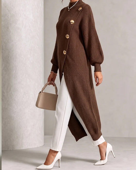 Sweater Dress Diagonal Knapp Splitt Lanterne Erme