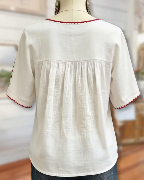 Bluse Rundhalset Brodert Bohemisk