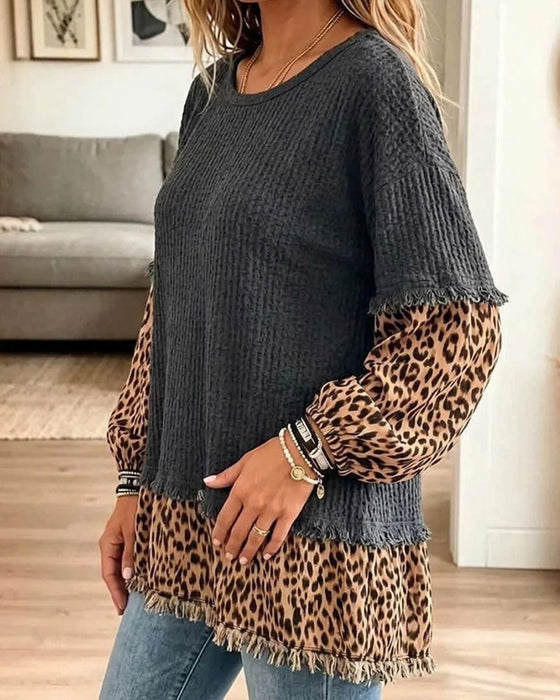 Topp Rund Hals Leopardmønster Lappverk Frynser