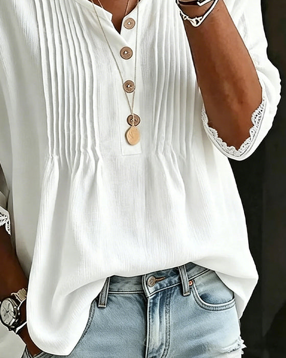 Bluse Plissert Knapp Blondekant