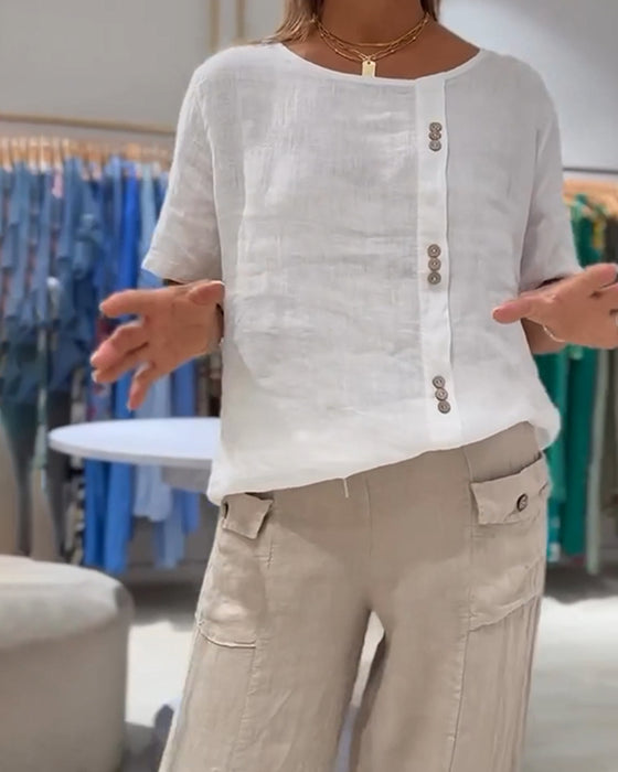 Casual Løs T-skjorte Med Knapp