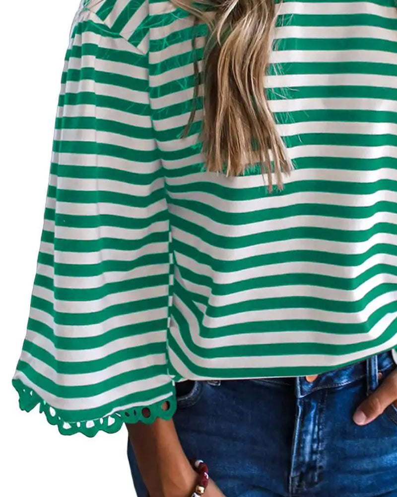 Bluse Rund Hals Drop Skulder Stripe Utskjæring
