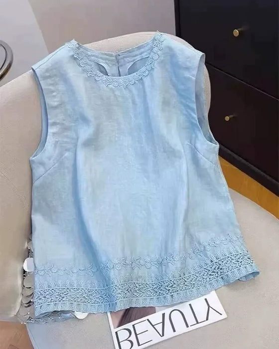 Tank Top Rund Hals Brodert Kant