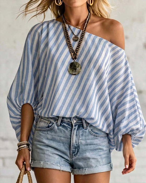 Bluse Asymmetrisk Hals Stripe Puffererme