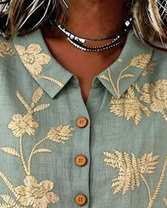 Bluse Splittet Krage Knappefront Blomstret