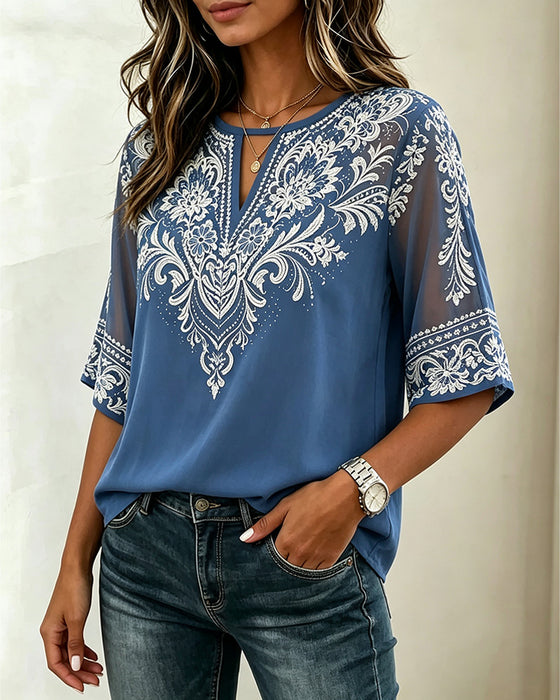 Bluse V-Hals Sheer Etnisk Trykk