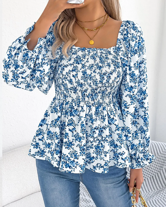 Bluse Firkantet Hals Rynket Blomstret Ruffle