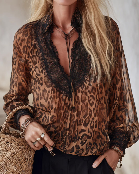 Bluse V-Hals Leopard Lang Erme