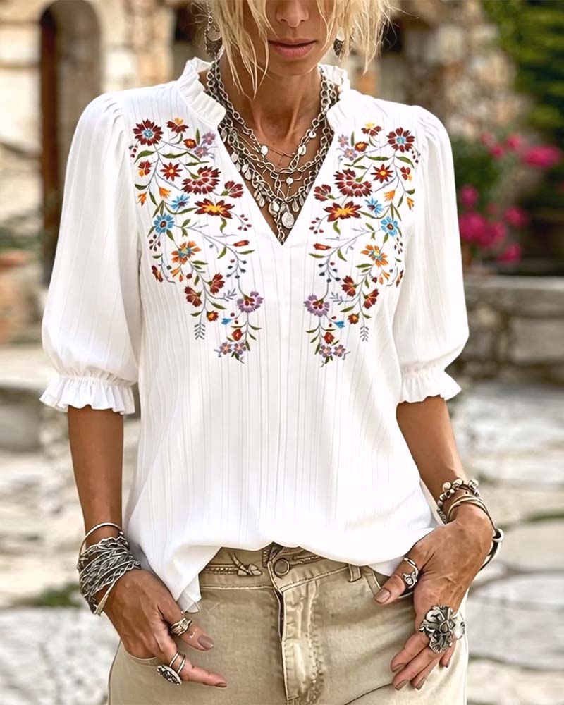 Bluse Ruffle Trim Trykk Casual