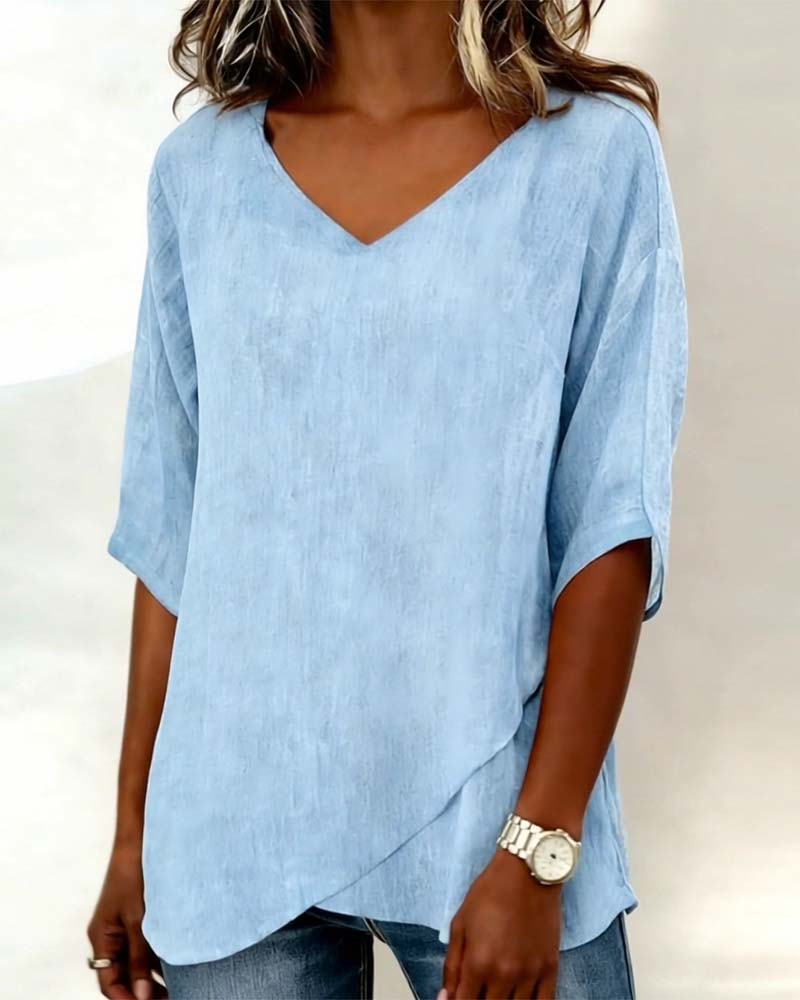 Topp Uregelmessig Kant Ensfarget V-Hals