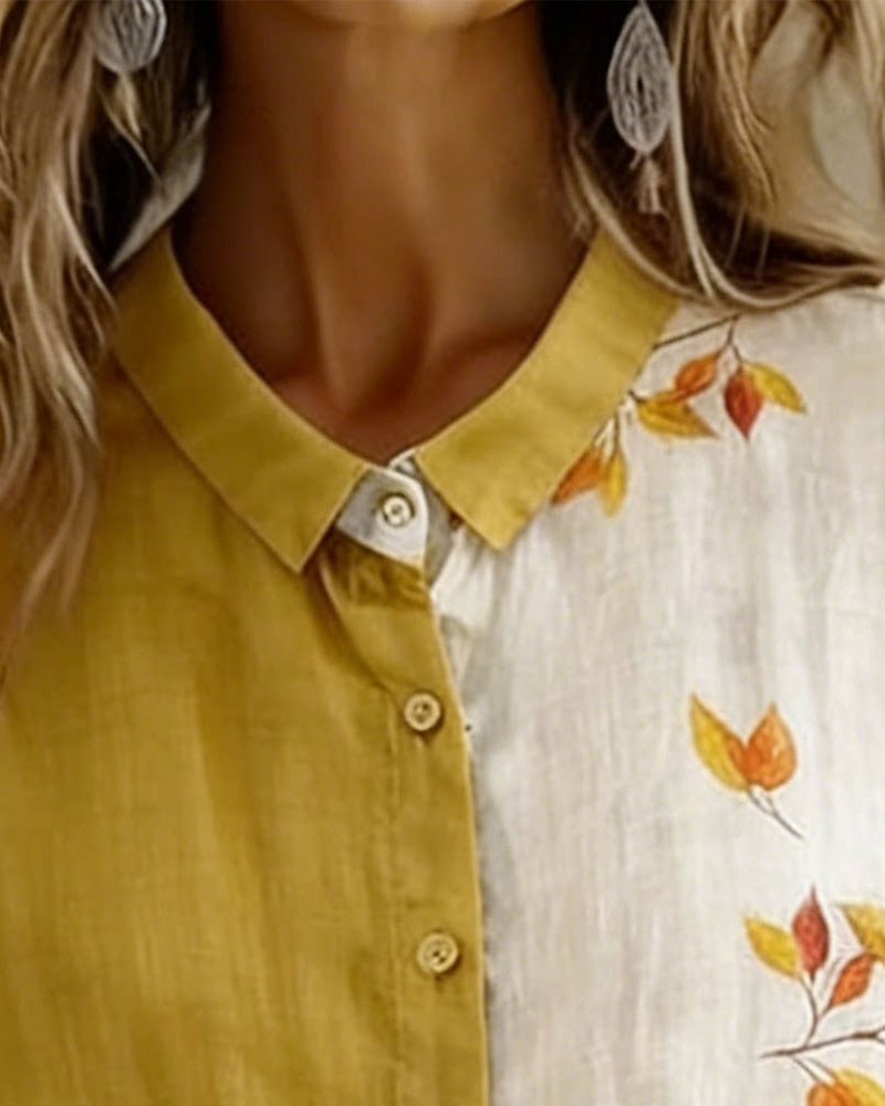 Skjorte Fargeblokk Lønnblad Trykk Lin