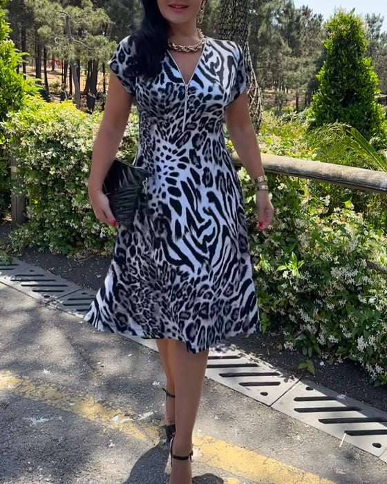 Kjole V-Hals Glidelås Leopardtrykk