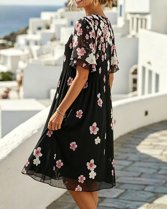 Kjole Ruffle Kortermet Blomstrende Plissert