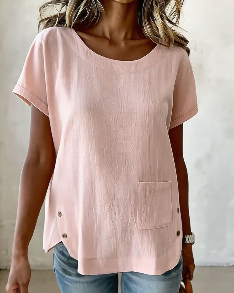 T-Skjorte Bomull Lin Knapp Detalj Kort Erme