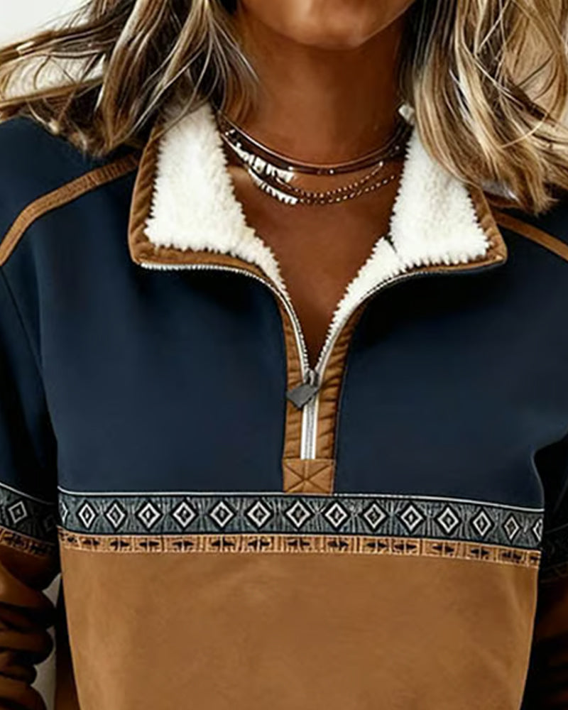 Retro Genser Med Fargeblokkering Og Pelskrage