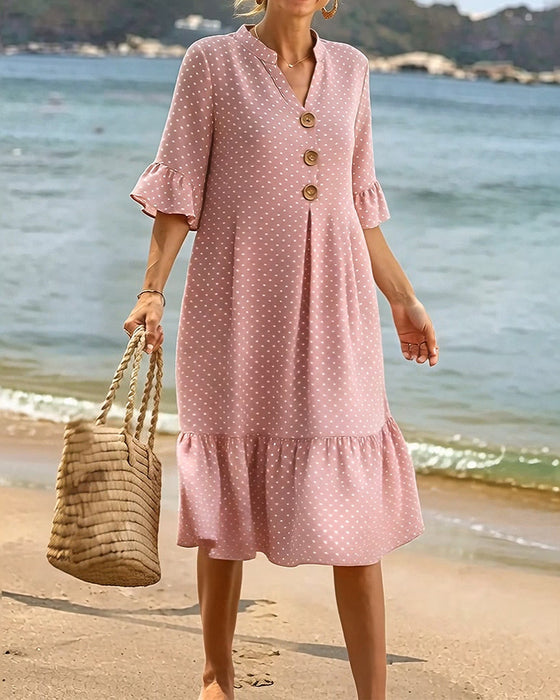 Kjole Polka Dot V-Hals Rynket Erme