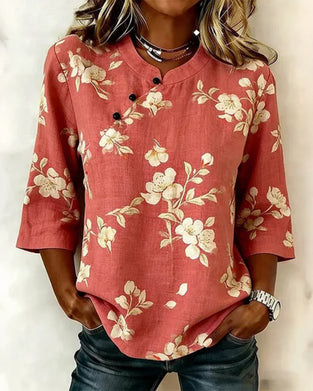 Bluse Blomstertrykk Sideknapp 3/4-Erm