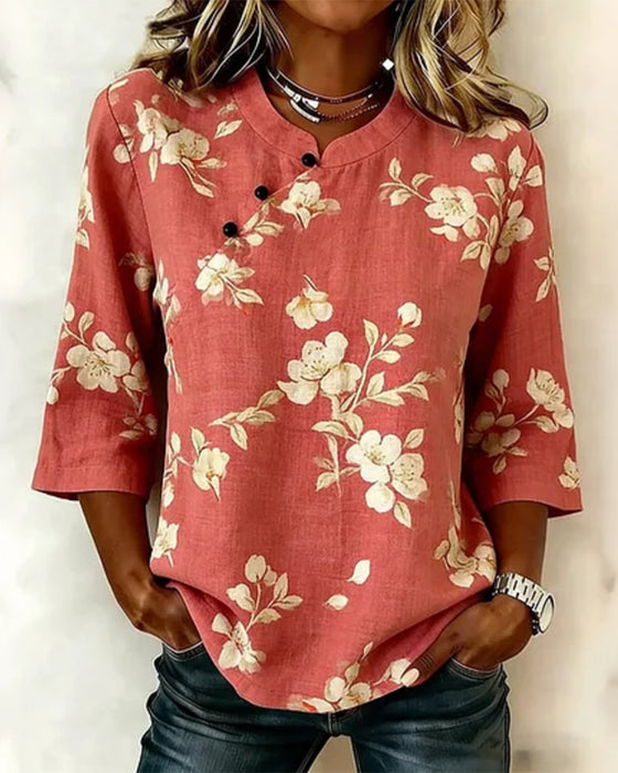 Bluse Blomstertrykk Sideknapp 3/4-Erm