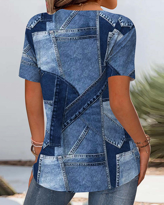 Bluse Vintage Denim Kontrast Utskjæring