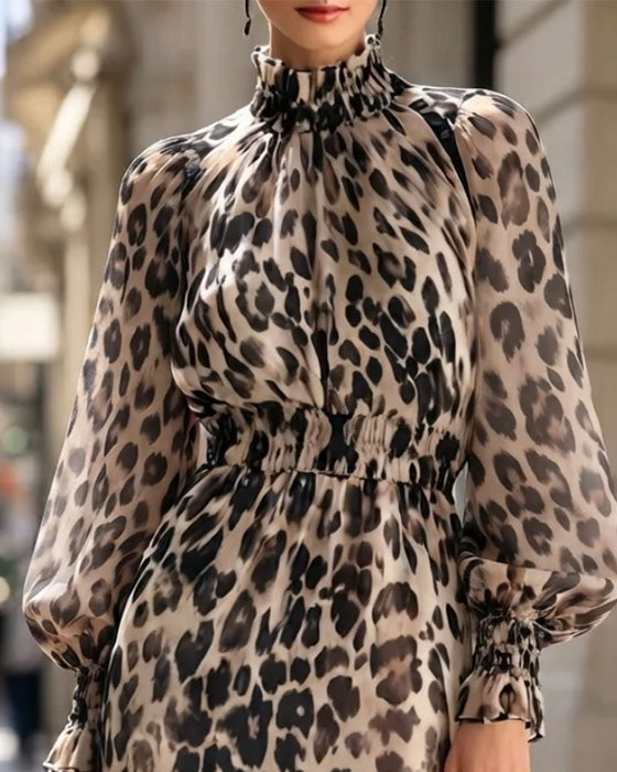 Kjole Høy Hals Leopard Innsnørt Midje Ruffle