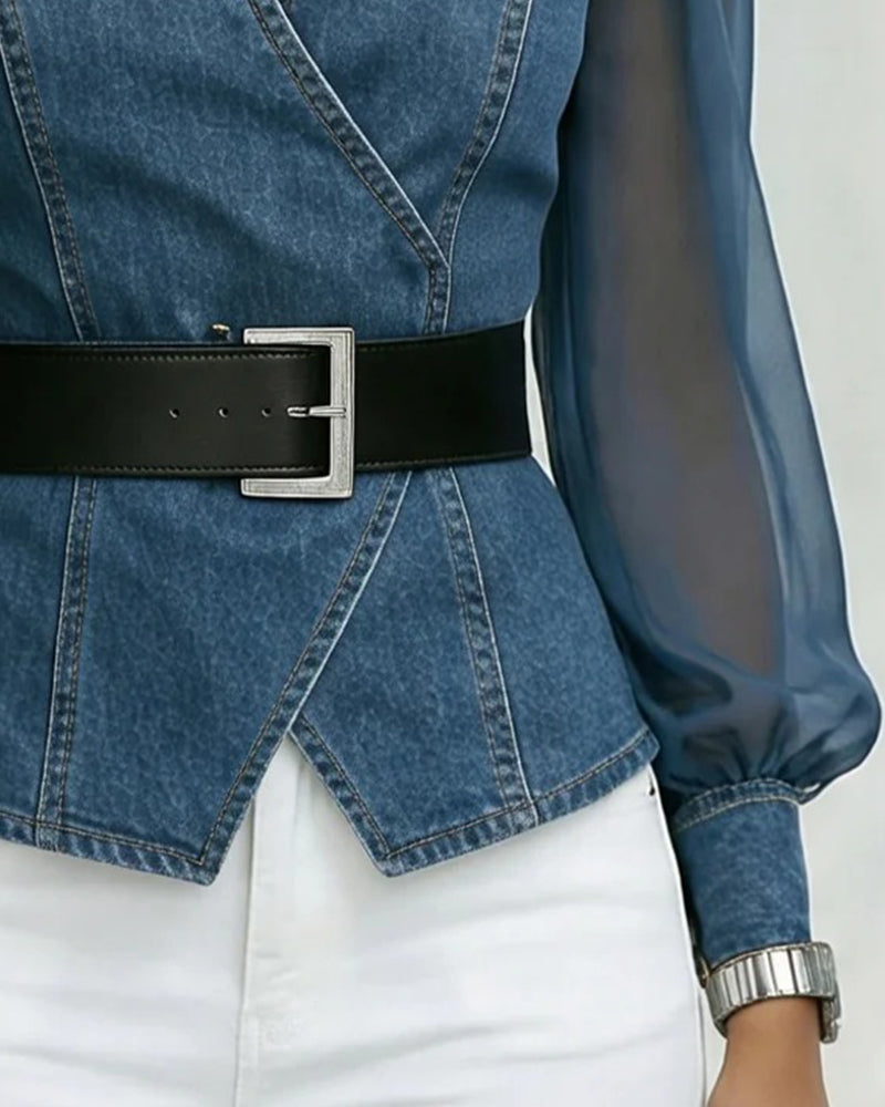 Bluse I Elegant Mesh Og Denim