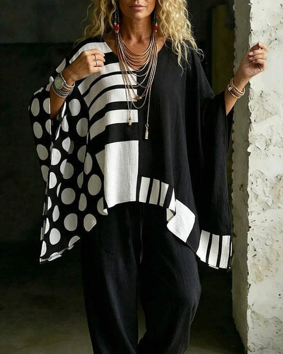 Bluse Polka Dot Stripe Patchwork V Hals