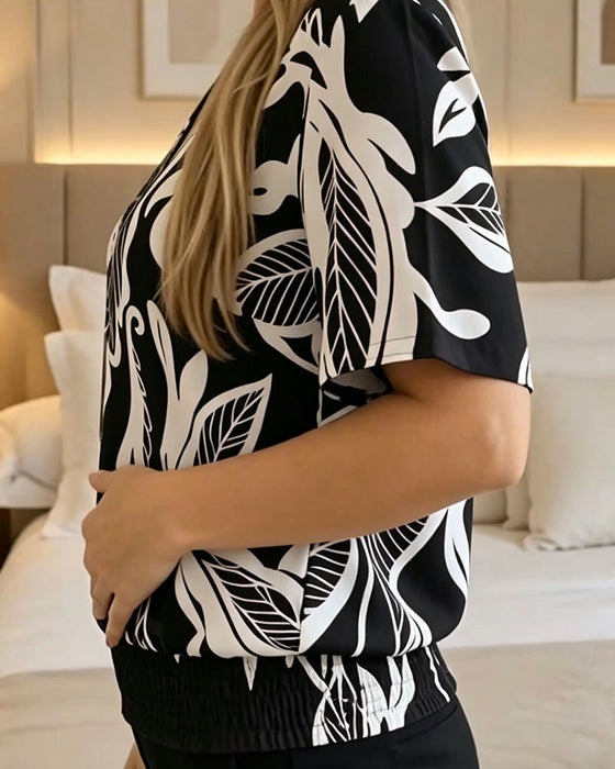Bluse Blomstertrykk Strikk Kant Kortermet