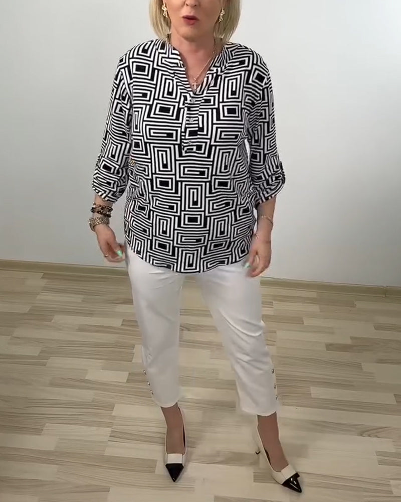 Skjorte Geometrisk Halv-Åpen Krage Tredje-Kvart Erme