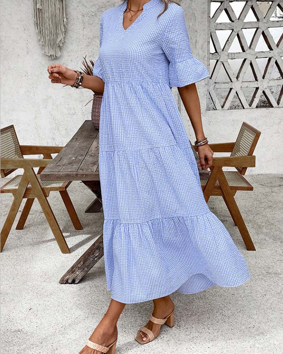 Kjole Blå Hvit Gingham V-Hals