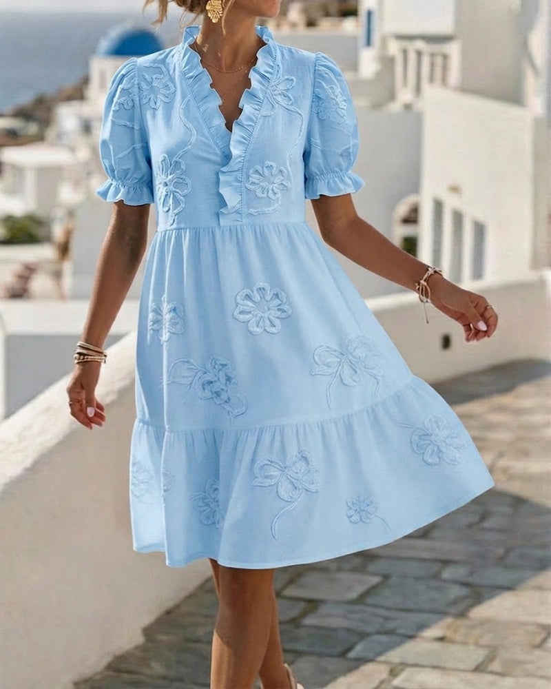 Kjole Puff Kort Erme Blomstret