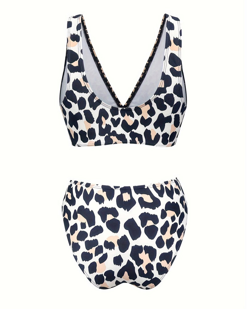 Bikini Dyp V Leopard Trykk Kontrast Farge Høy Midje Splitt