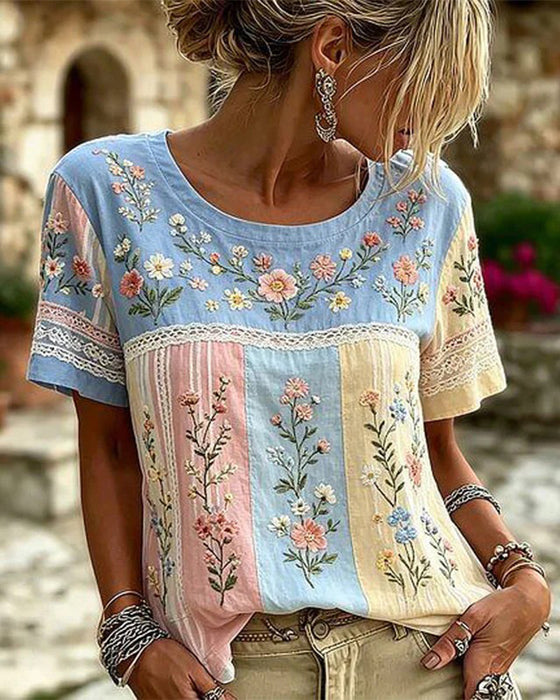 Bluse Rundhals Lappverk Blomstret