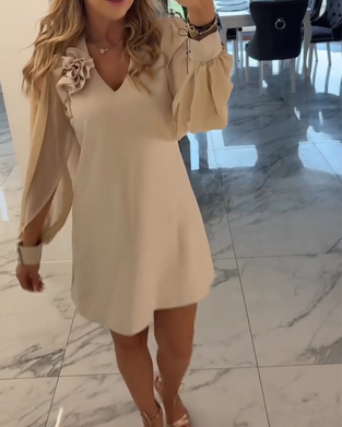 Kjole Tredimensjonal Blomst V-hals Lykt Erm