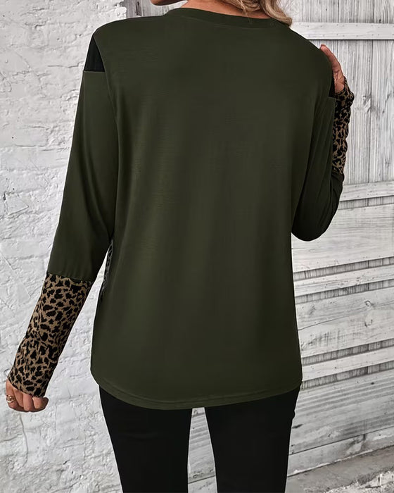 Topp Rund Hals Leopardprint Fargeblokkert