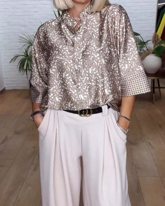 Bluse Med Ståndkrage Og Trykt Satin