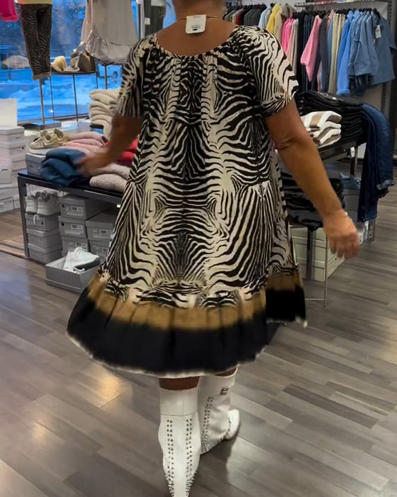 Kjole Løs Rund Hals Kort Erme Trykt