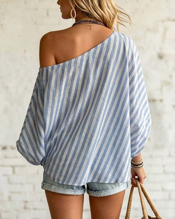 Bluse Asymmetrisk Hals Stripe Puffererme