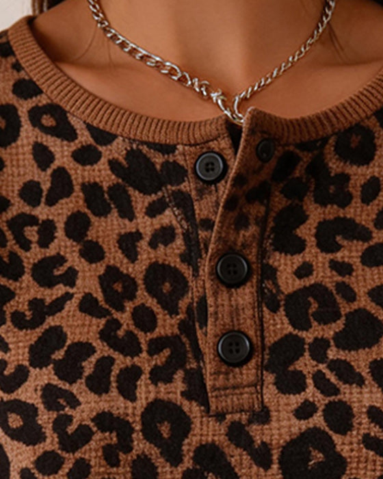 Topp Henley Hals Leopard Trykk Vaffel