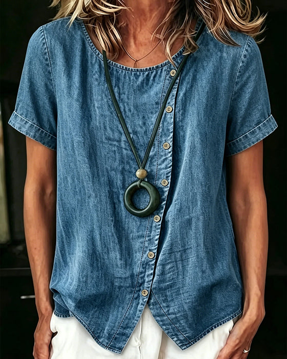 Bluse Asymmetrisk Rund Hals Denim