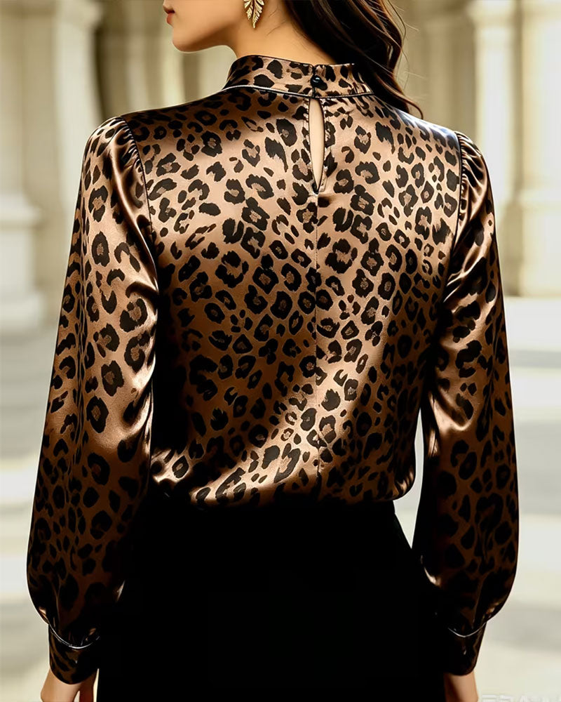 Bluse Mock Hals Leopard Kontrast Drapering