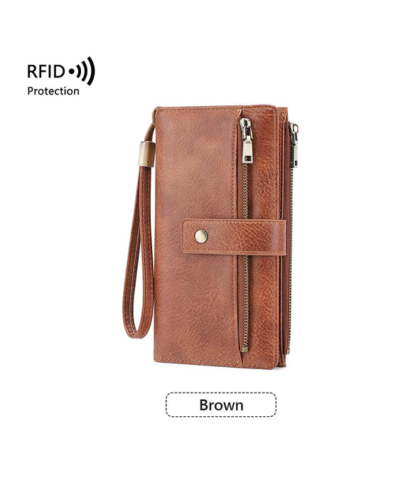 Dame lang lommebok, stilig clutch, elegant ensfarget lærlommebok med RFID-blokkering👛