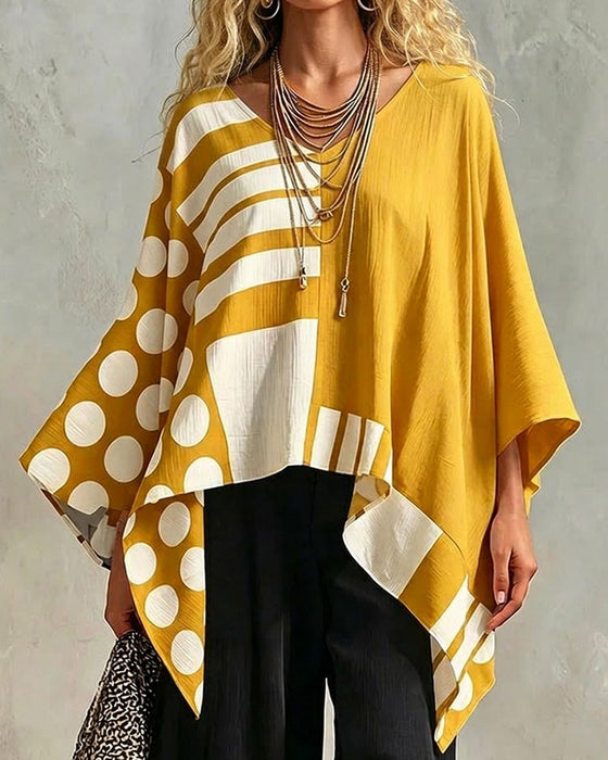 Bluse Polka Dot Stripe Patchwork V Hals
