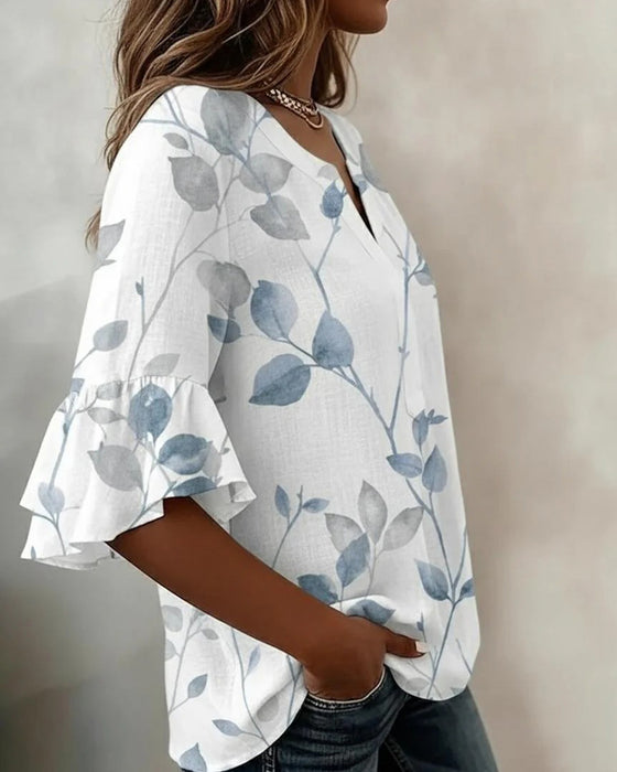 Bluse Flutter Flare Erme Blad Trykk