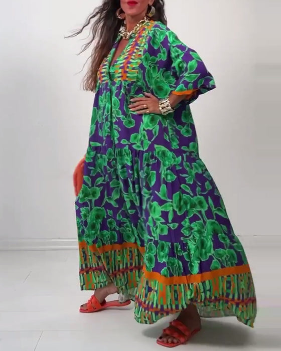 V-hals printet uformelt lang kjole