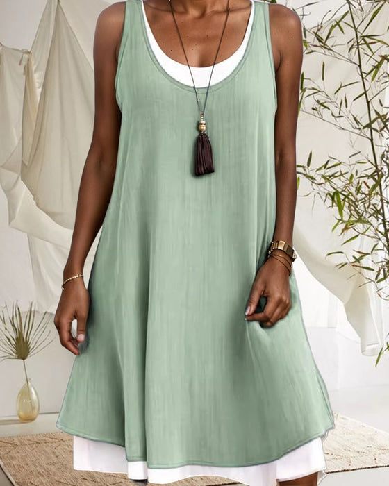 Kjole Ermløs Rund Hals Kontrastfarge Patchwork