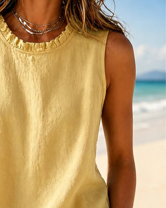 Tank Topp Ensfarget Uten Ermer Rund Hals Lace