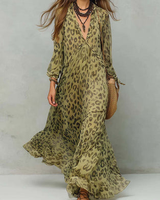 Kjole V-Hals Lang Erme Leopard Maxi